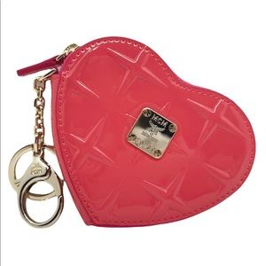 MCM New In Box Pink Heart Coin Pouch Charm Diamond Patent Leather Walet